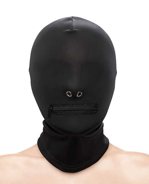 Fetish and Fashion bondage blindfold zippered mouth hood soft nylon nickel-free metal for sensory play and restraint