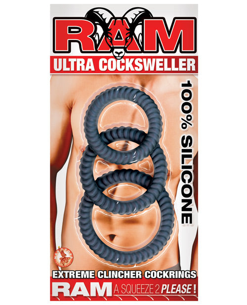 RAM Ultra Cocksweller Cockring Set in Black Silicone with Three Sizes