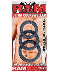 RAM Ultra Cocksweller Cockring Set in Black Silicone with Three Sizes
