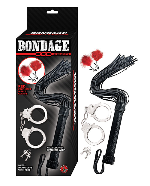 Nasstoys Bondage Kit Red Handcuffs Feather Nipple Clamps Faux Leather Flogger for Beginner Sensory Play