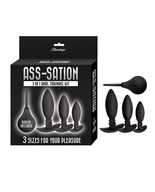 Ass-sation Anal Training Kit Three Silicone Butt Plugs Douche Included for Comfortable Progressive Play