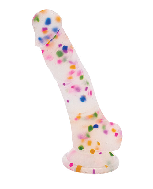 Like A Kitten silicone suction dildo with confetti design and harness compatibility for versatile intimate play