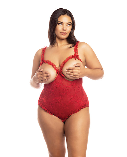 Red Lace Open Cup Crotchless Teddy for Plus Size