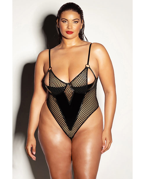 Fetish by Oh la la Cheri plus size lingerie fishnet vinyl teddy peek-a-boo cups for flattering intimate wear