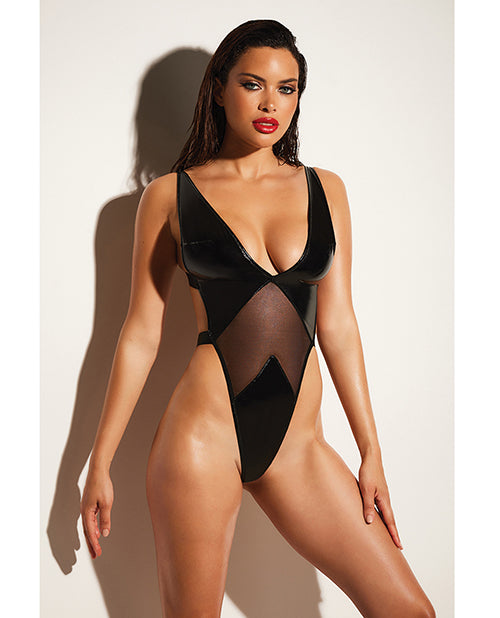 Fetish by Oh la la Cheri Lingerie Plus Size Vinyl and Mesh Teddy High Leg Cut for Comfortable Full Figure Fit