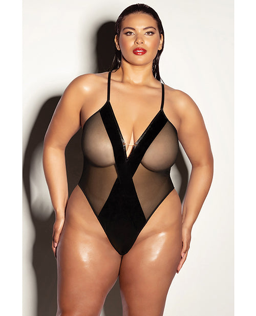 Fetish by Oh La La Cheri plus size teddy with vinyl and mesh panels and barbell detail for confident lingerie styling