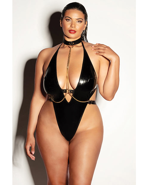 Fetish by Oh la la Cheri Vinyl Teddy with Removable Chain Harness Hand Cuffs for Plus Size Lingerie Play