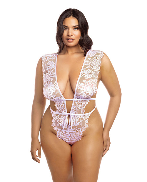 RSVP by Oh la la Cheri plus size eyelash lace teddy with front tie and open crotch for curvy intimate wear