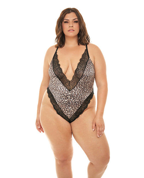 RSVP by Oh la la Cheri Plus Size Satin Teddy Plunging V-Neck Leopard Print for Curve Contouring Lingerie