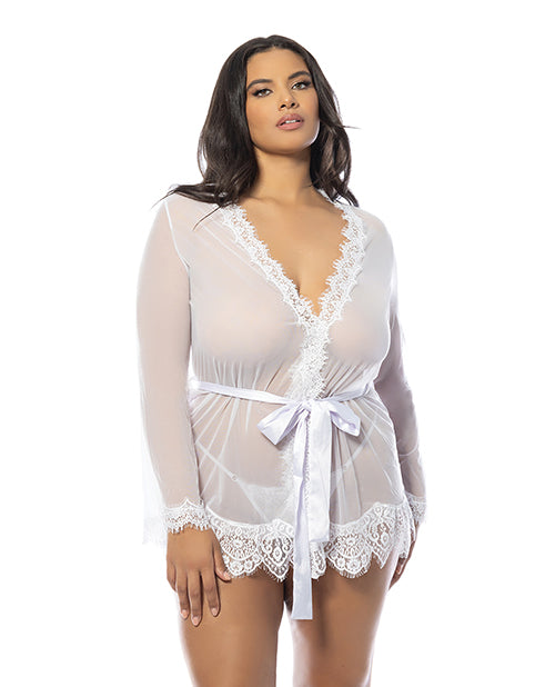 Oh La La Cheri Sheer Shortie Robe Eyelash Lace Trim with Matching G-string for Elegant Plus Size Lingerie
