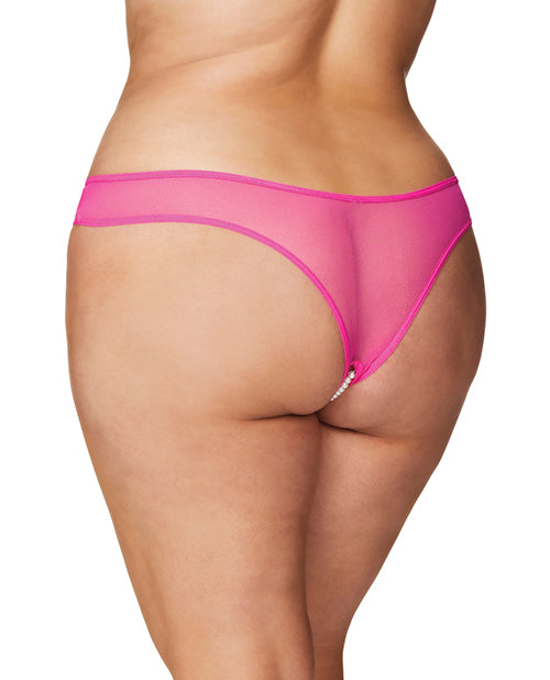 Plus Size Crotchless Pearl Thong with Lace Detail in Hot Pink - 3X/4X