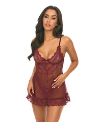 Oh La La Cheri Lingerie Sheer Lace Babydoll Adjustable Straps with Ruffled Hem for Romantic Evenings