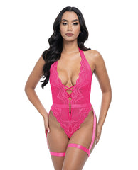 Oh La La Cheri Lace Teddy Hot Pink Crotchless Thong with Garter Straps for Seductive Lingerie Styling
