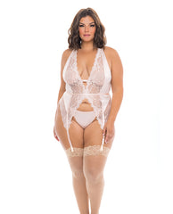 RSVP by Oh la la Cheri plus size merrywidow lingerie set with sheer lace and satin panels for elegant curvy support