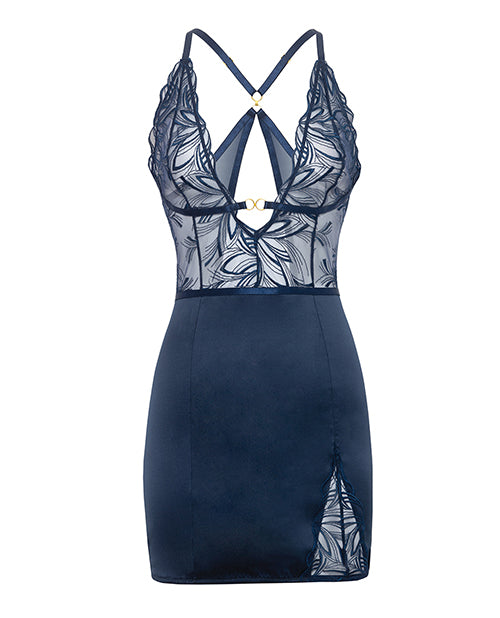 Navy V-Plunge Embroidered Babydoll Chemise with Double Ring Charm - XL