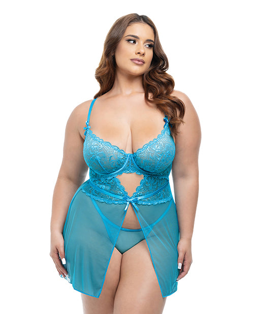 Oh La La Cheri Plus Size Babydoll Lace Underwire Sheer Mesh with G-String for Elegant Intimate Wear