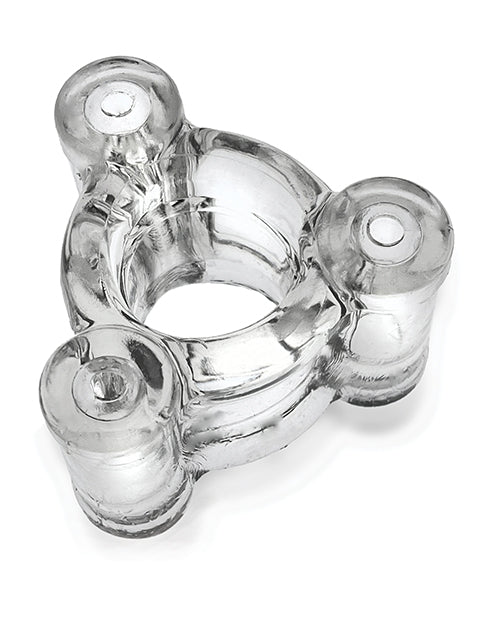 Oxballs vibrating ballstretcher clear with triple vibe bullets and flexible Flextpr for enhanced sensation and comfort