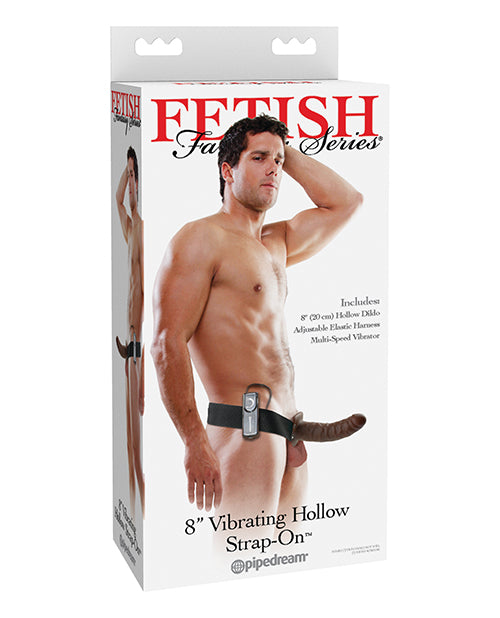 Fetish Fantasy Series Strap On Brown 8-inch Vibrating Hollow Dildo with Adjustable Harness for Enhanced Intimacy