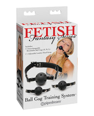 Fetish Fantasy Series ball gag training kit with adjustable vinyl strap and three breathable gags for bondage restraint