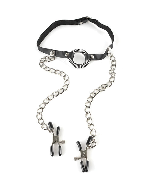 O-Ring Gag with Leather Straps and Adjustable Nipple Clamps Bondage Set