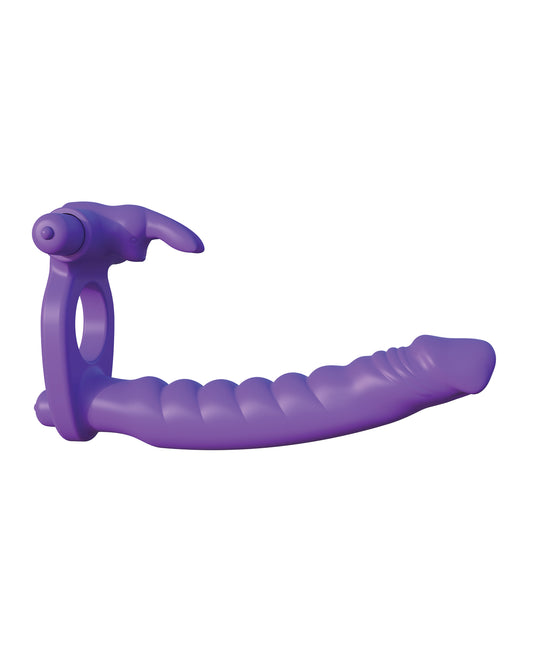 Silicone Double Penetrator Rabbit Vibrating Cock Ring with Clitoral Stimulator