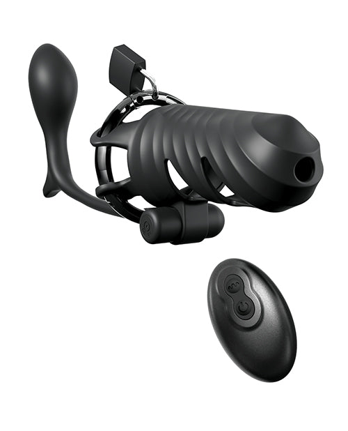 Remote Controlled Vibrating Cock Blocker with Ass-Gasam Plug - Black