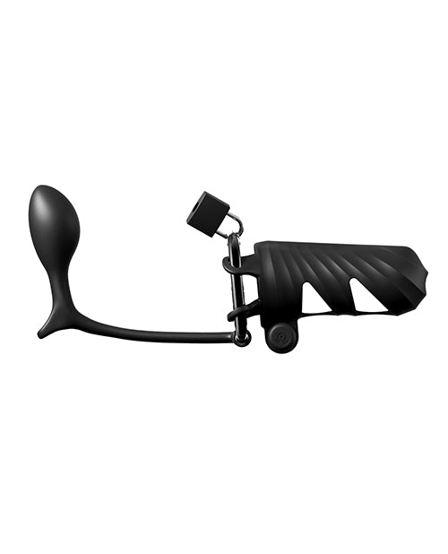 Remote Controlled Vibrating Cock Blocker with Ass-Gasam Plug - Black