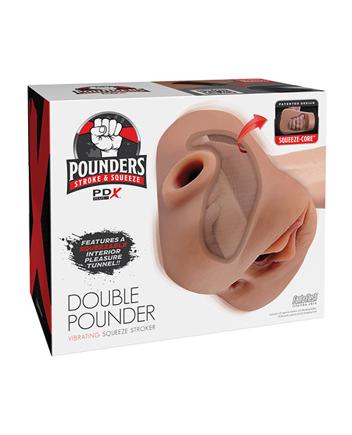 PDX Plus Double Pounder Vibrating Squeeze Stroker with Realistic Fanta Flesh - Brown