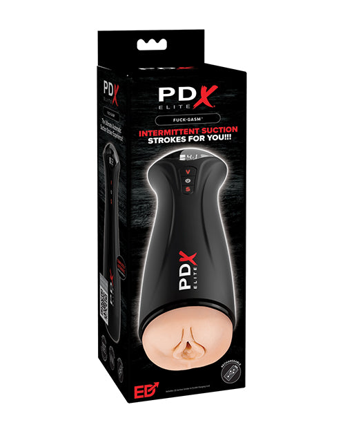 PDX Elite masturbator stroker with intermittent suction and vibrating textured sleeve for intense solo stimulation