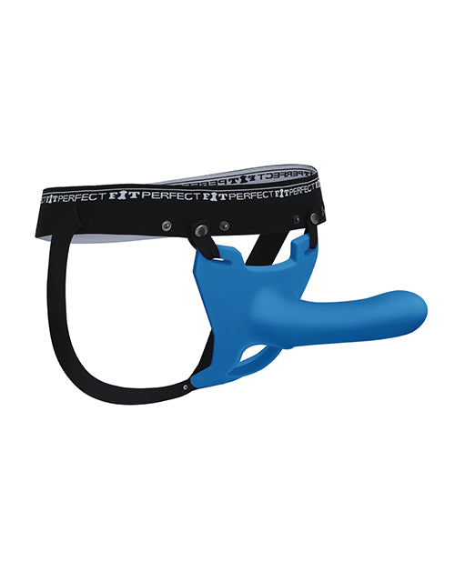 Perfect Fit strap-on blue silicone body-contoured design with adjustable waistband for harness-free comfort and versatile couple play