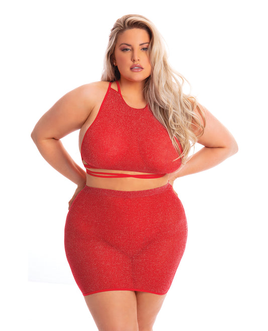 Pink Lipstick Plus Size Lingerie Red Skirt Set with Strappy Adjustable Top for Curves