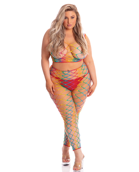 Pink Lipstick Plus Size Bodystocking Rainbow Two Piece Stretchy Fit Lingerie for Confident Style