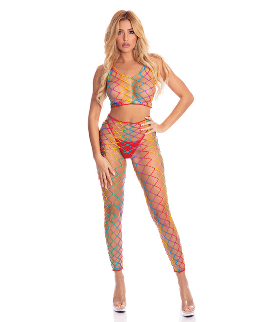 Pink Lipstick Lingerie Two-Piece Rainbow Bodystocking Set with Stretch Fit for Bold Statement Looks