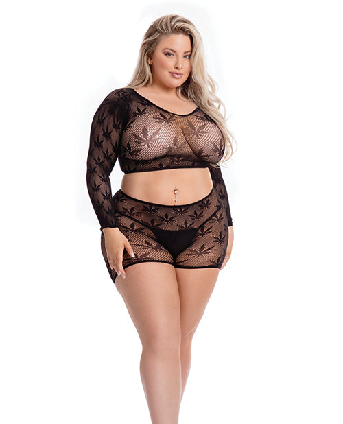 Pink Lipstick Plus Size Lingerie Long Sleeve Crop Top and High Waist Shorts for Curvy Fit and Comfort