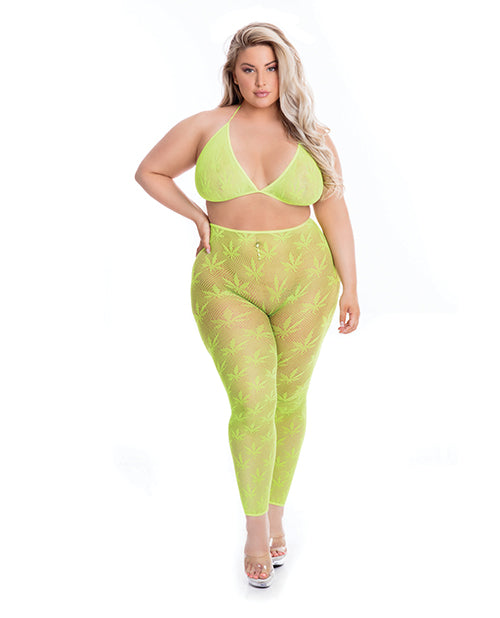 Pink Lipstick Plus Size Lingerie Set Leaf Print Bra Leggings Green for Confident Curves and Comfort