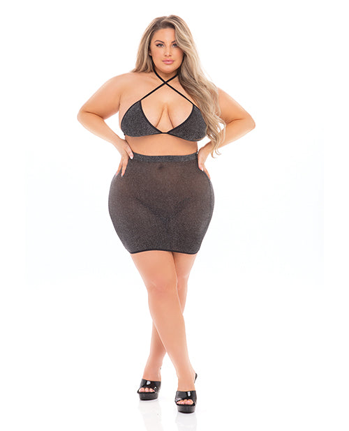 Pink Lipstick Plus Size Lingerie Set Black Cherry Strap Halter Bra with Stretch Skirt for Flattering Curves