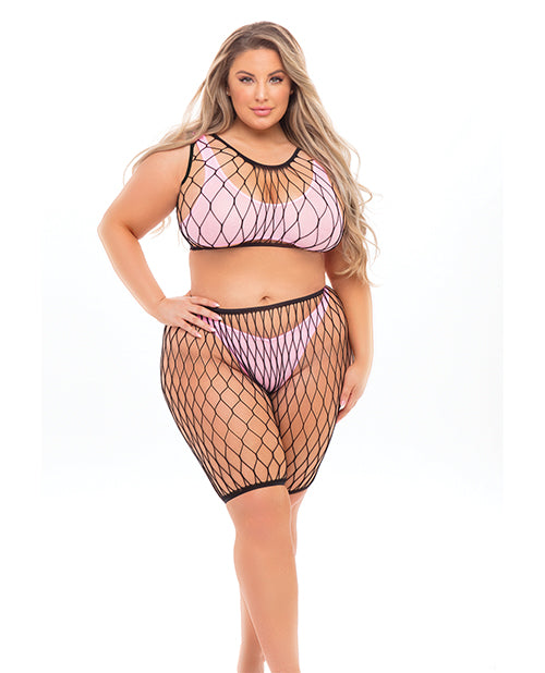 Pink Lipstick Lingerie Set Plus Size Fishnet Top and Shorts for Curvy Confidence and Full Figure Style