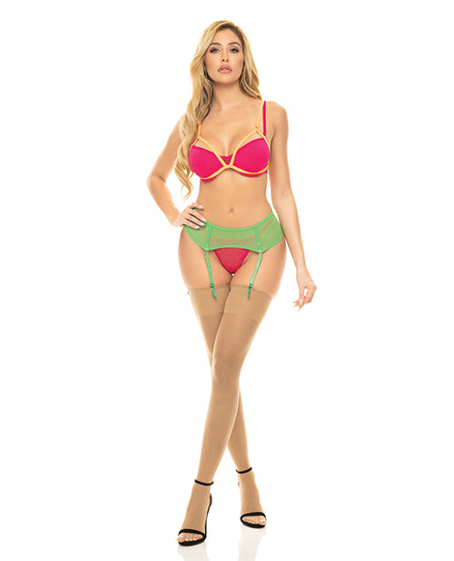 Pink Lipstick Lingerie Set Neon Bra Garter Belt G-String for Bold Statement Intimate Wear
