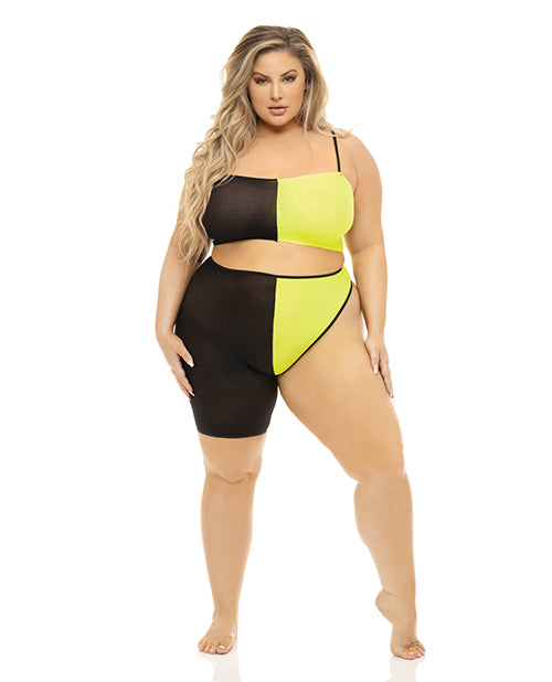 Pink Lipstick plus size lingerie set black and yellow color-blocked bra and leggings for bold, flattering style