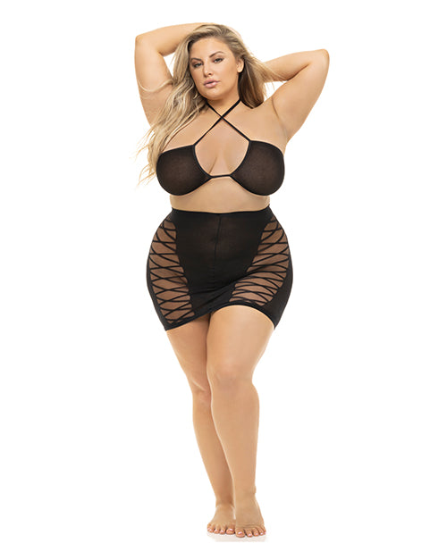 Pink Lipstick Lingerie Plus Size Halter Bra and Skirt Set in Black with Adjustable Support for Confident Curvy Style