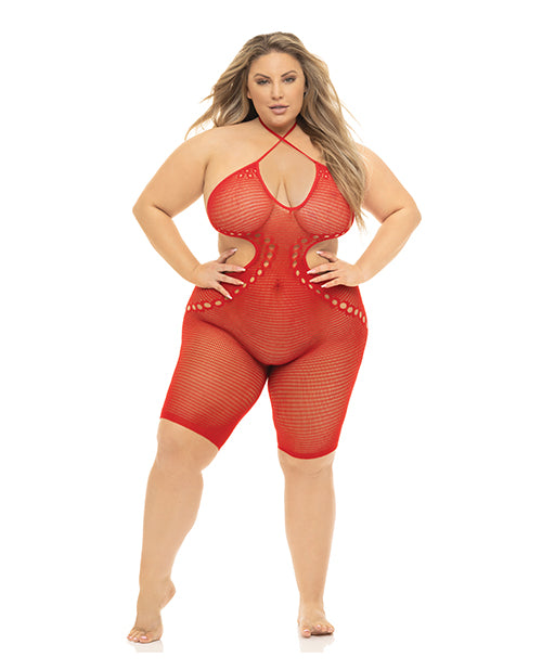 Pink Lipstick Plus Size Bodystocking Sheer Mesh Stretch Fit for Curvy Lingerie Style