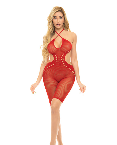 Pink Lipstick Bodystocking Sheer Red Stretch Fabric One Size for Sultry Intimate Lingerie Wear