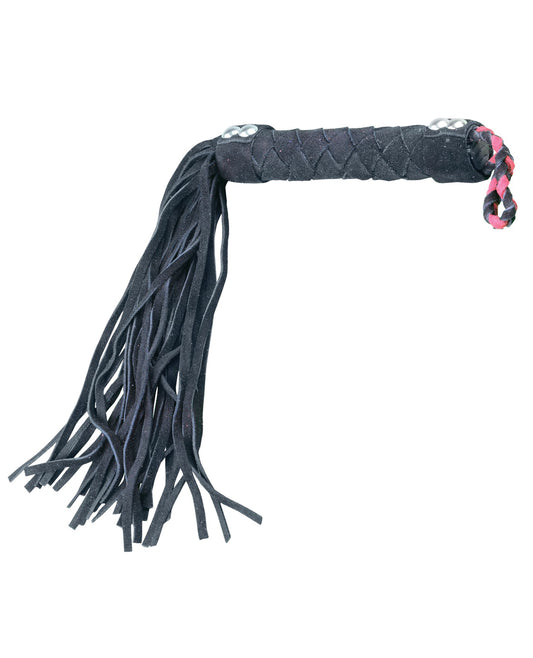 Black Suede Leather Flogger with Woven Handle and Wrist Strap