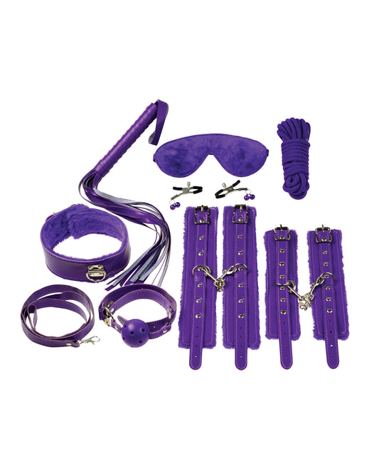 Plesur Bondage Kit with fleece-lined cuffs, adjustable collar, and purple PVC design for comfortable beginner restraints