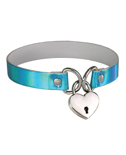 Plesur Bondage Collar Holographic Blue Heart Lock Adjustable Fit for Secure and Stylish Restraint