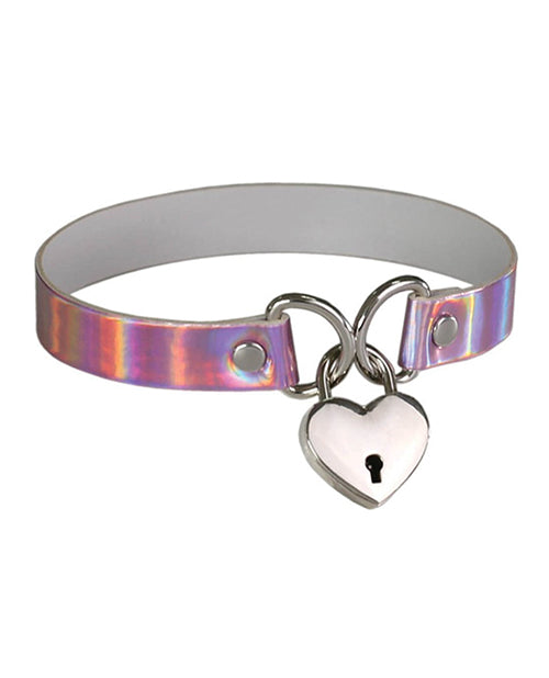 Plesur Bondage Restraint Holographic Pink Heart Lock Collar with Metal Keys for Style and Control