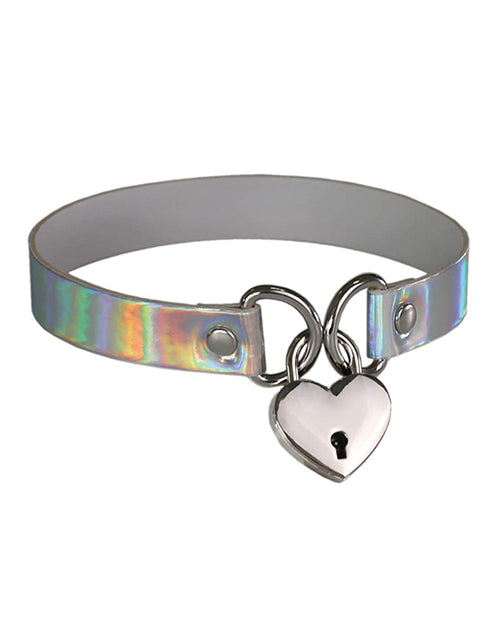 Plesur Bondage Collar Holographic White PVC Heart Lock Adjustable Choker for Fashion and Roleplay