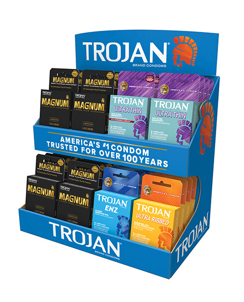 Trojan Condom Counter Display Unit with Magnum, Ultra Thin, ENZ, and Ultra Ribbed condoms for retail convenience