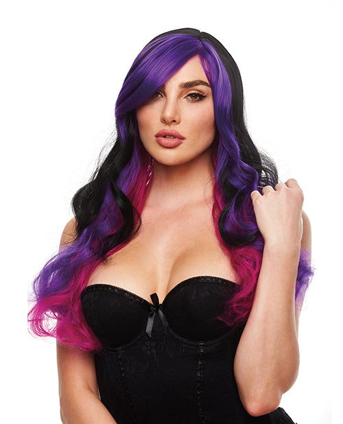 Pleasure Wigs Costume Wig Black with Purple and Pink Highlights, Side Part Design for Dramatic Cosplay and Parties