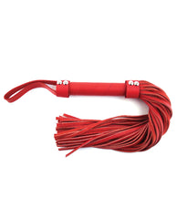 Rouge leather flogger with short ergonomic handle and secure hand loop for versatile bondage and sensory play